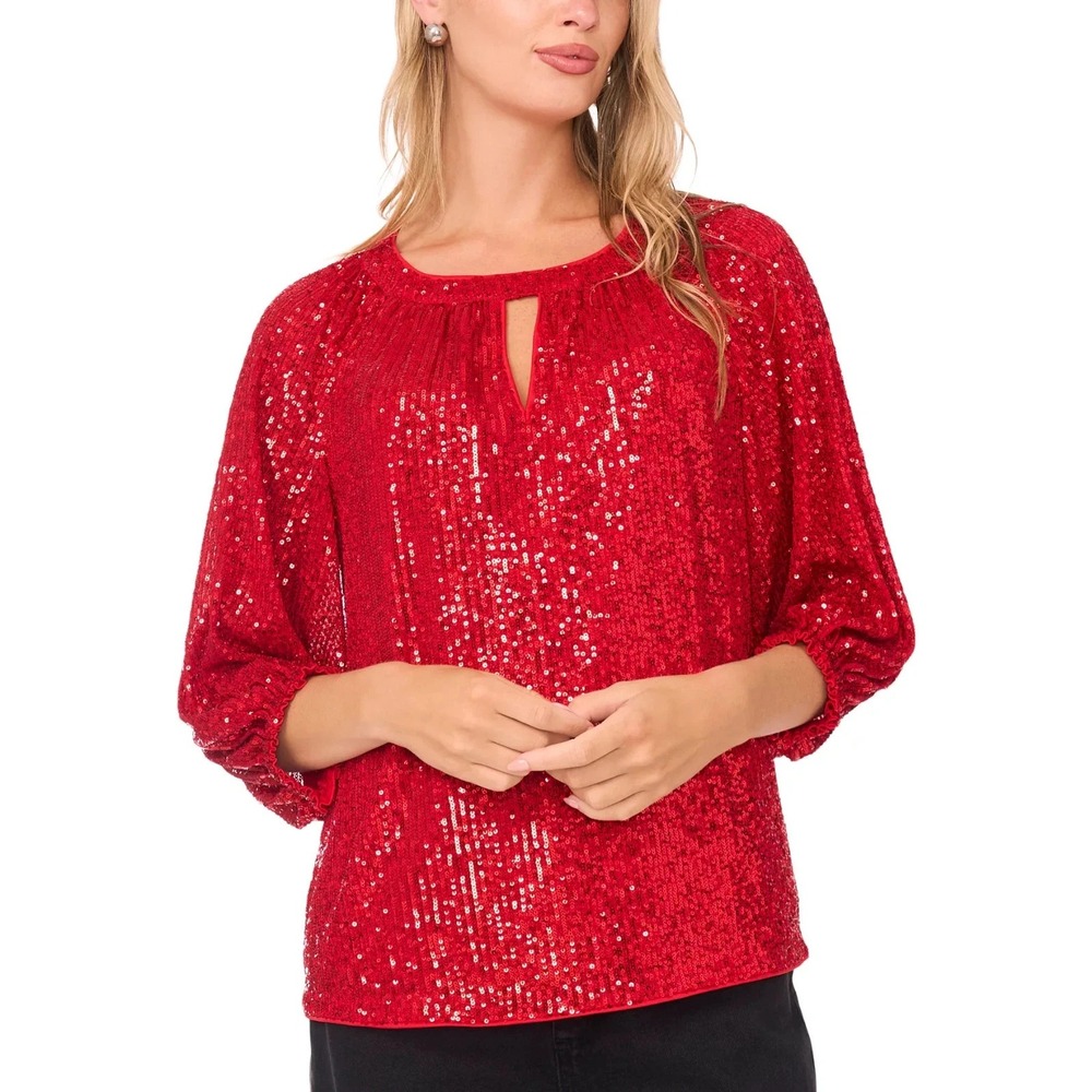 Sam & Jess Women's Sequin Detail Puff Sleeves Top Ultra Red Size Large